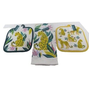 Tropical Kitchen Towels 2Pot Holder 3Pc Set Teal Yellow Jungle Big Cat NWT